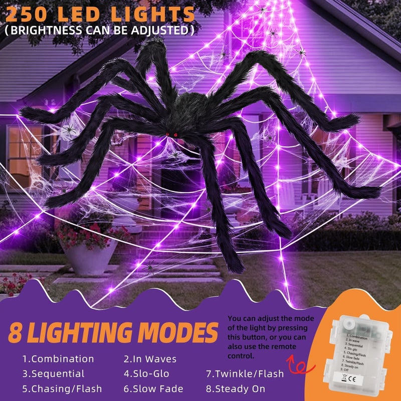 Kendane Halloween Decorations Outdoor and Indoor,250 LED Halloween Spider Web Light Decorations with 59" Giant Spider & 20g Stretch Cobweb,200" Large Light Up Spider Web for Yard(Purple) - Image 3
